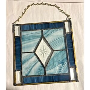 Vintage Blue Stained Glass Suncatcher Panel Beveled Star 9x9 Hanging